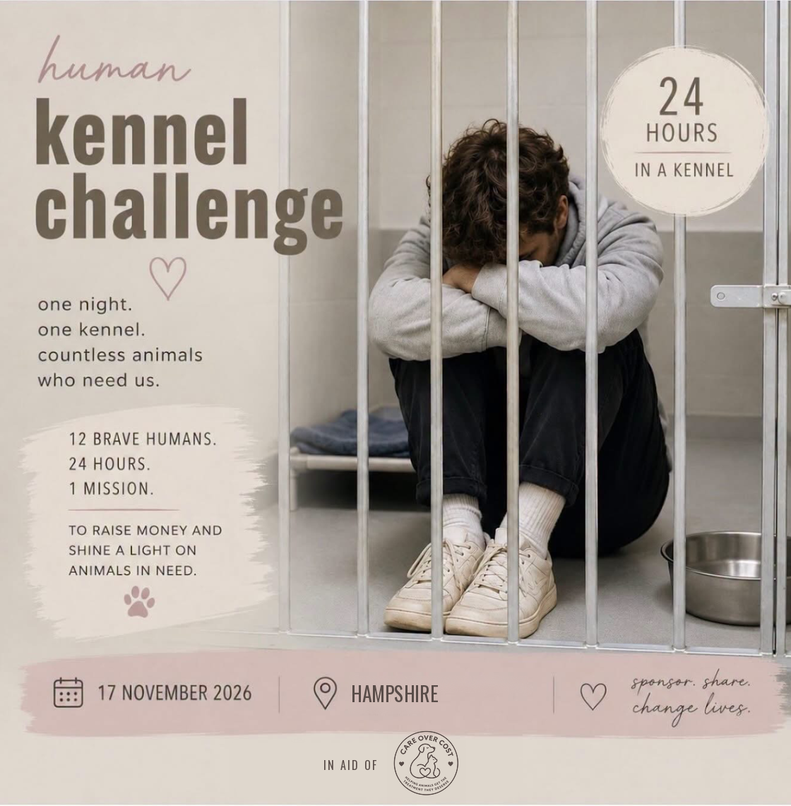 Human Kennel Challenge flyer: one night, one kennel, countless animals who need us. 17 November 2026, Hampshire.